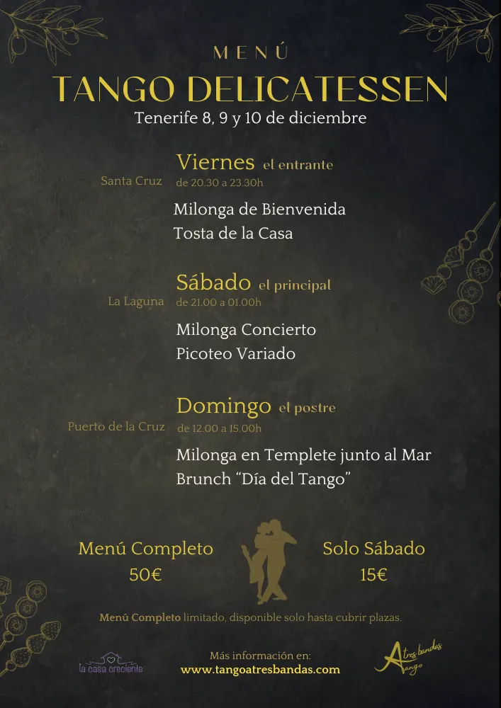 Menu delicatesen 8-9-10 de Diciembre Organiza Tango A Tres Bandas
